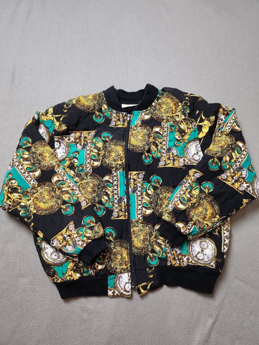 Vintage 90s Junior Executive Tribal Baroque Clock Lion Quilted Bomber Jacket